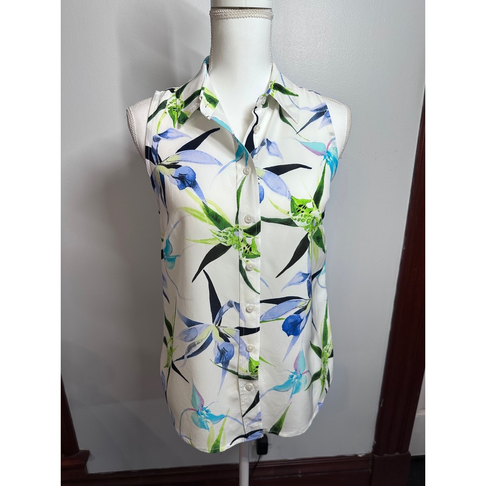 INC International Concepts Womens White Blue Green Floral Sleeveless Blouse S
